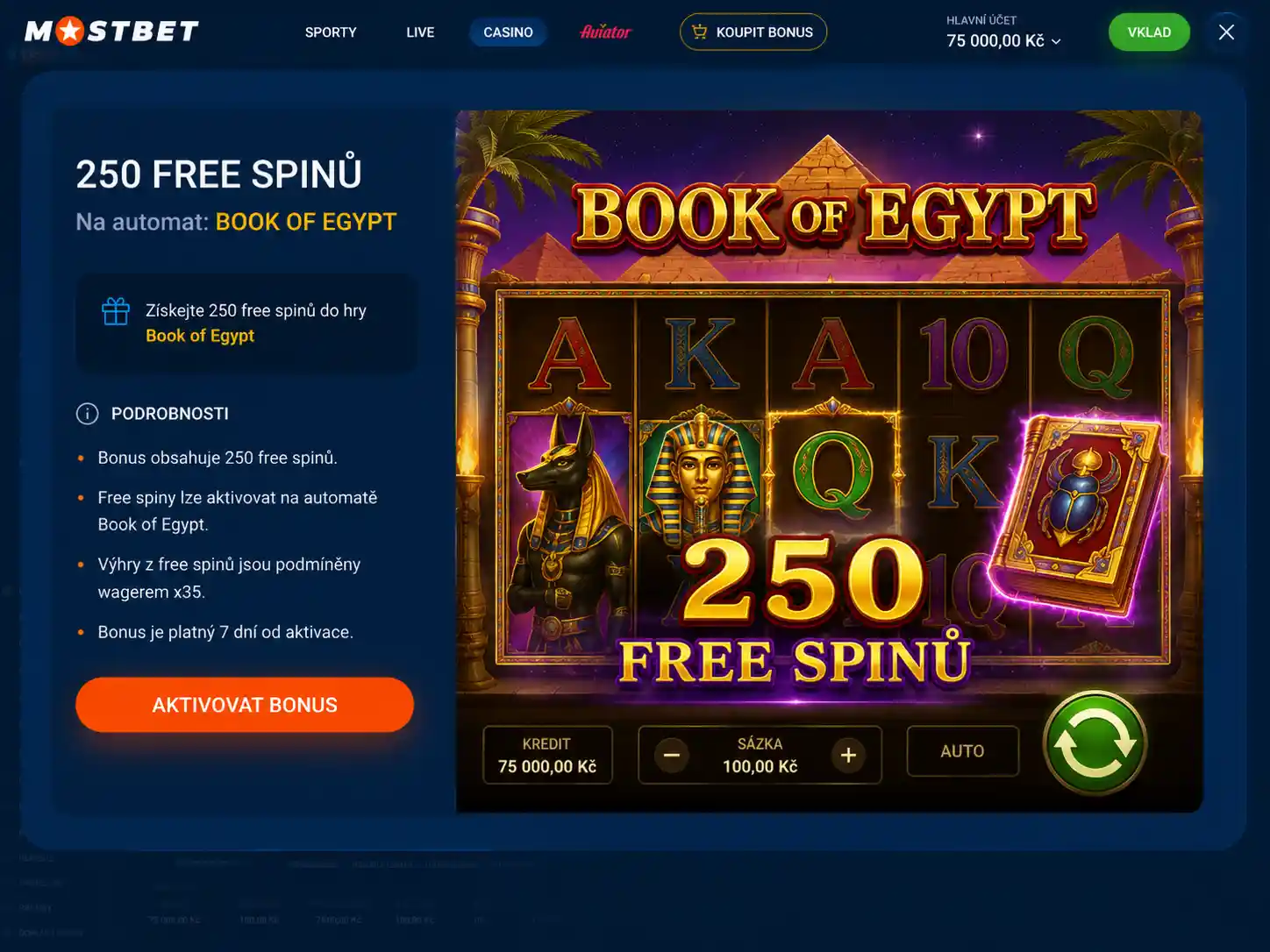 Herní automat, na který se vztahují free spiny v rámci Mostbet promo akce