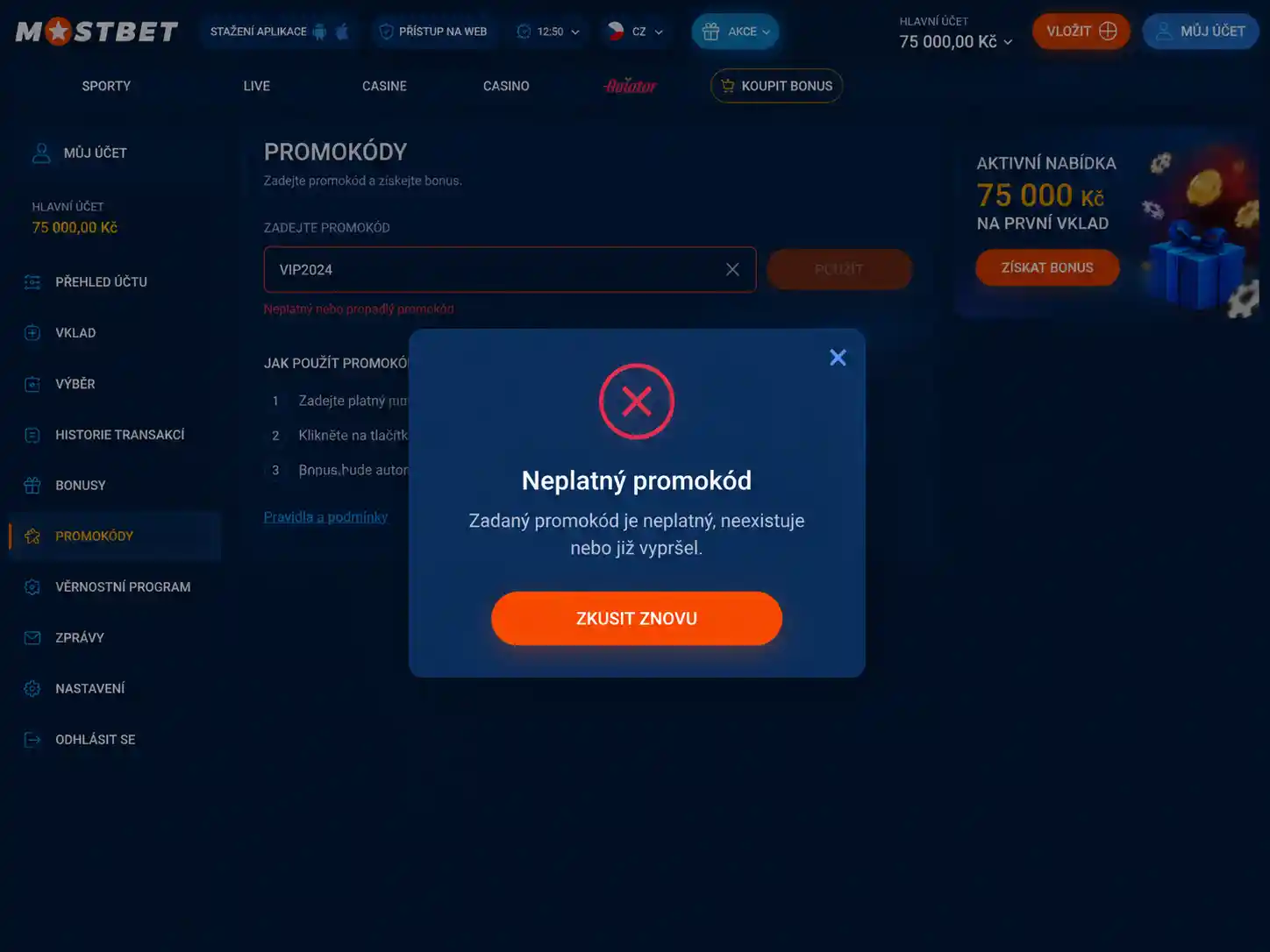 Chybová hláška při zadání neplatného promo kódu