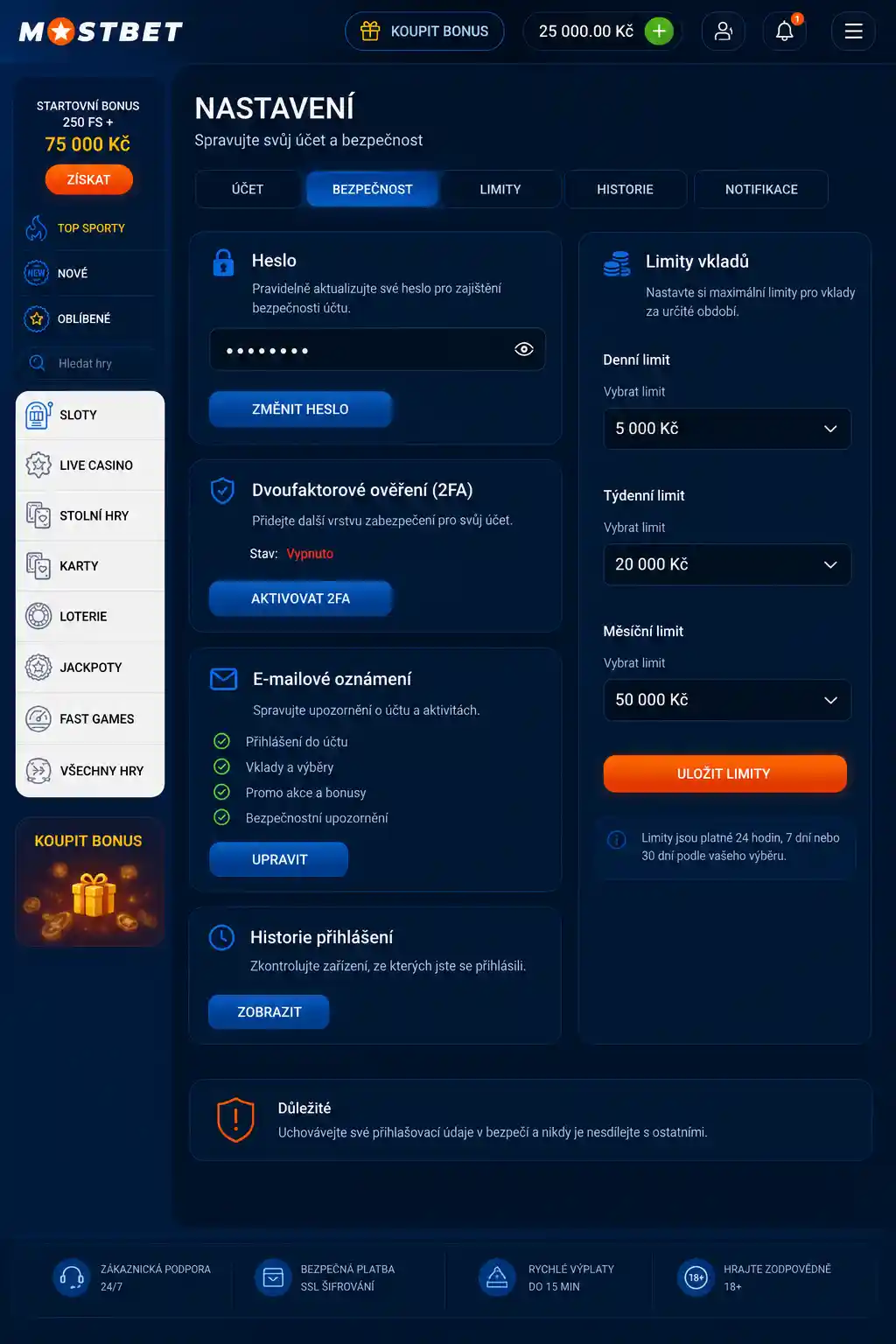 Sekce nastavení zabezpečení a limitů v účtu Mostbet