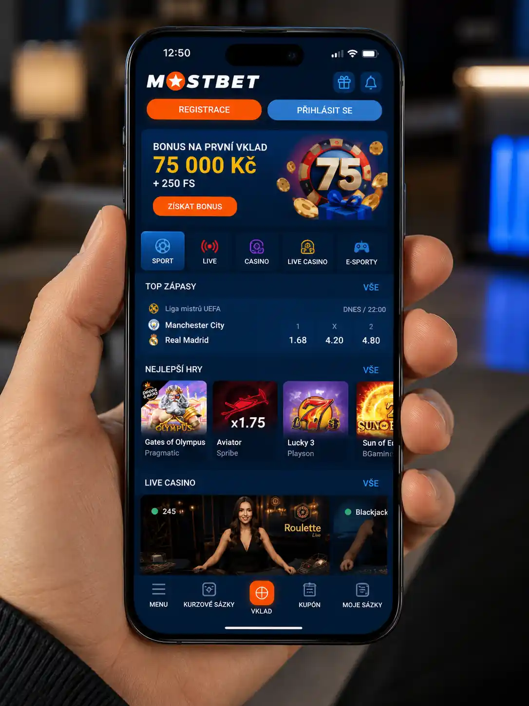 Úvodní obrazovka mobilní aplikace Mostbet se sekcemi sport, live, casino