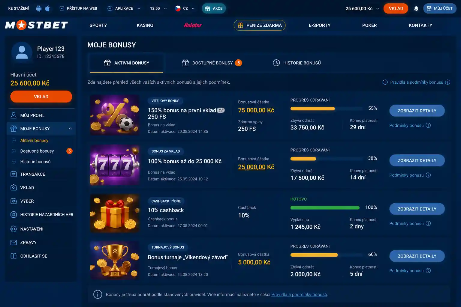 Přehled aktuálních bonusových nabídek v uživatelském účtu Mostbet