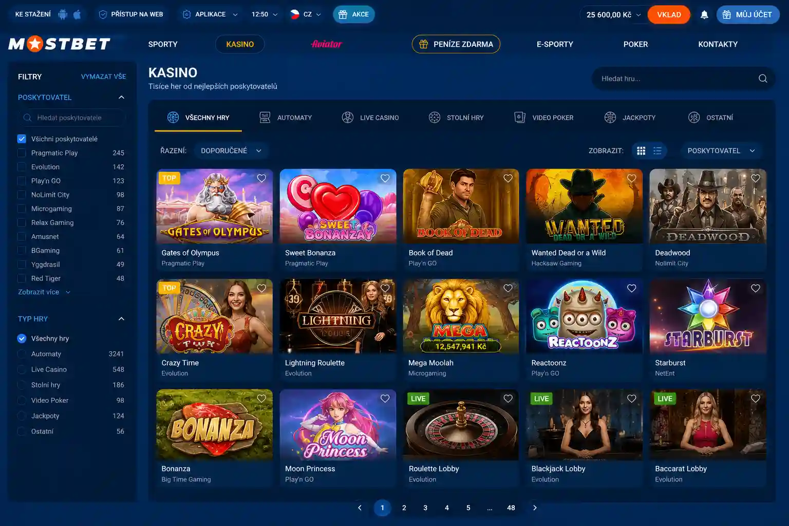 Herní katalog Mostbet s filtrováním podle poskytovatele a typu hry