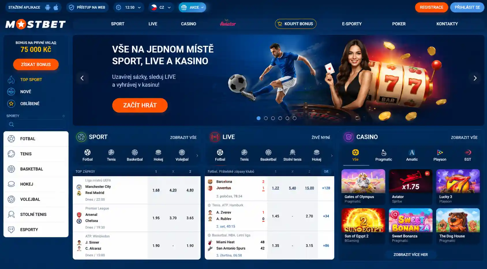 Úvodní stránka platformy Mostbet s přehledem hlavních sekcí sport, live a casino