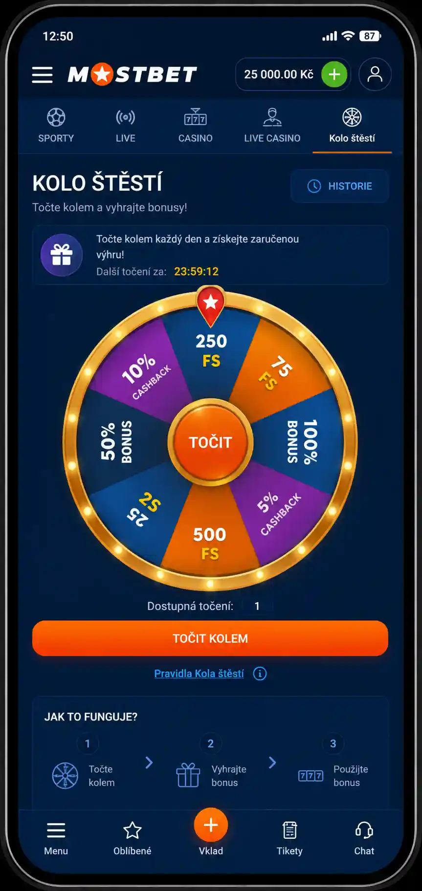 Mobilní interface Mostbet s otevřeným Kolem štěstí