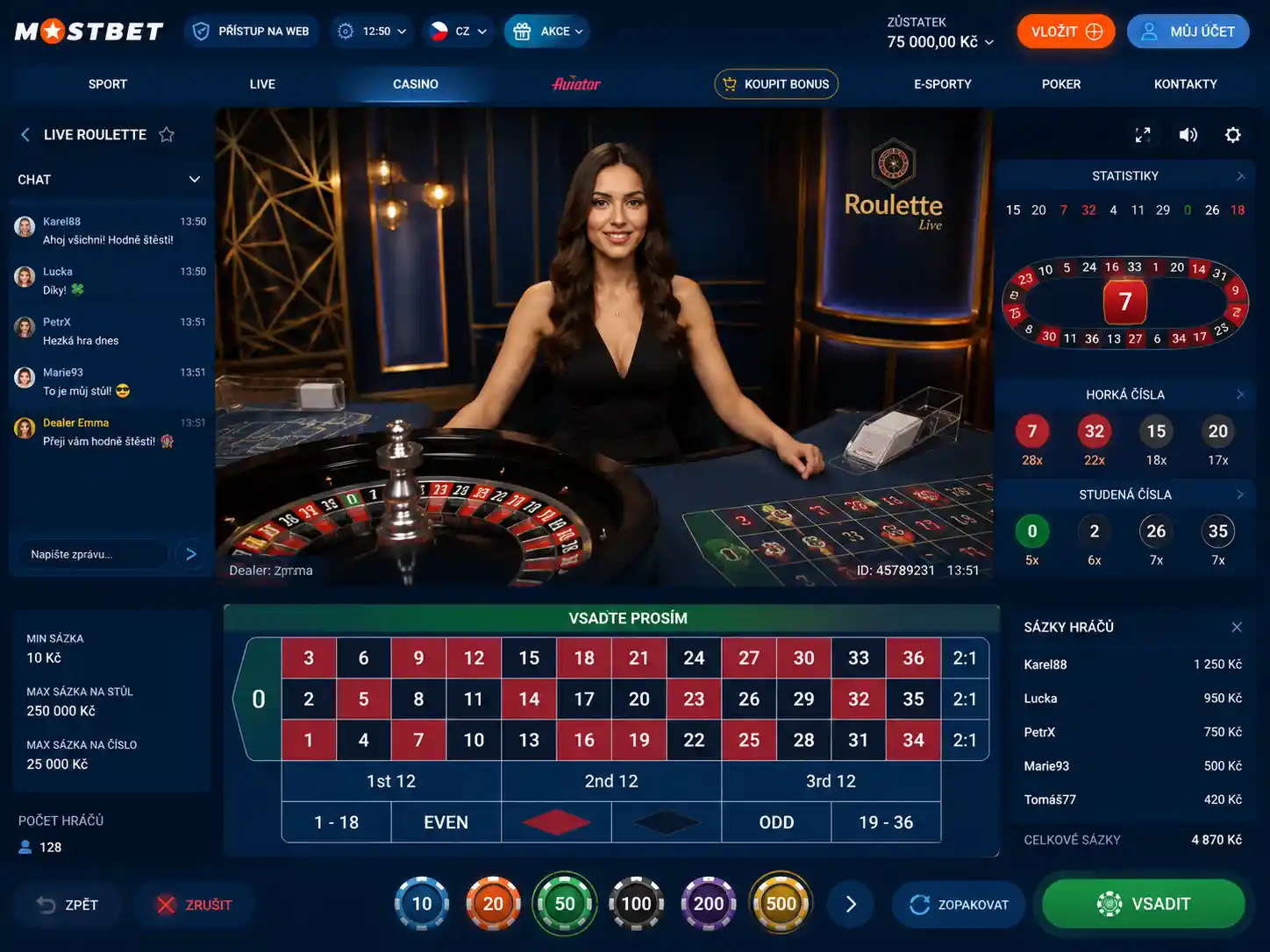 Stůl live casina s krupiérem – ruleta nebo blackjack