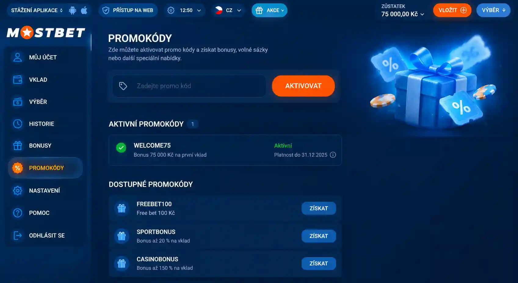 Sekce promo kódů v účtu Mostbet