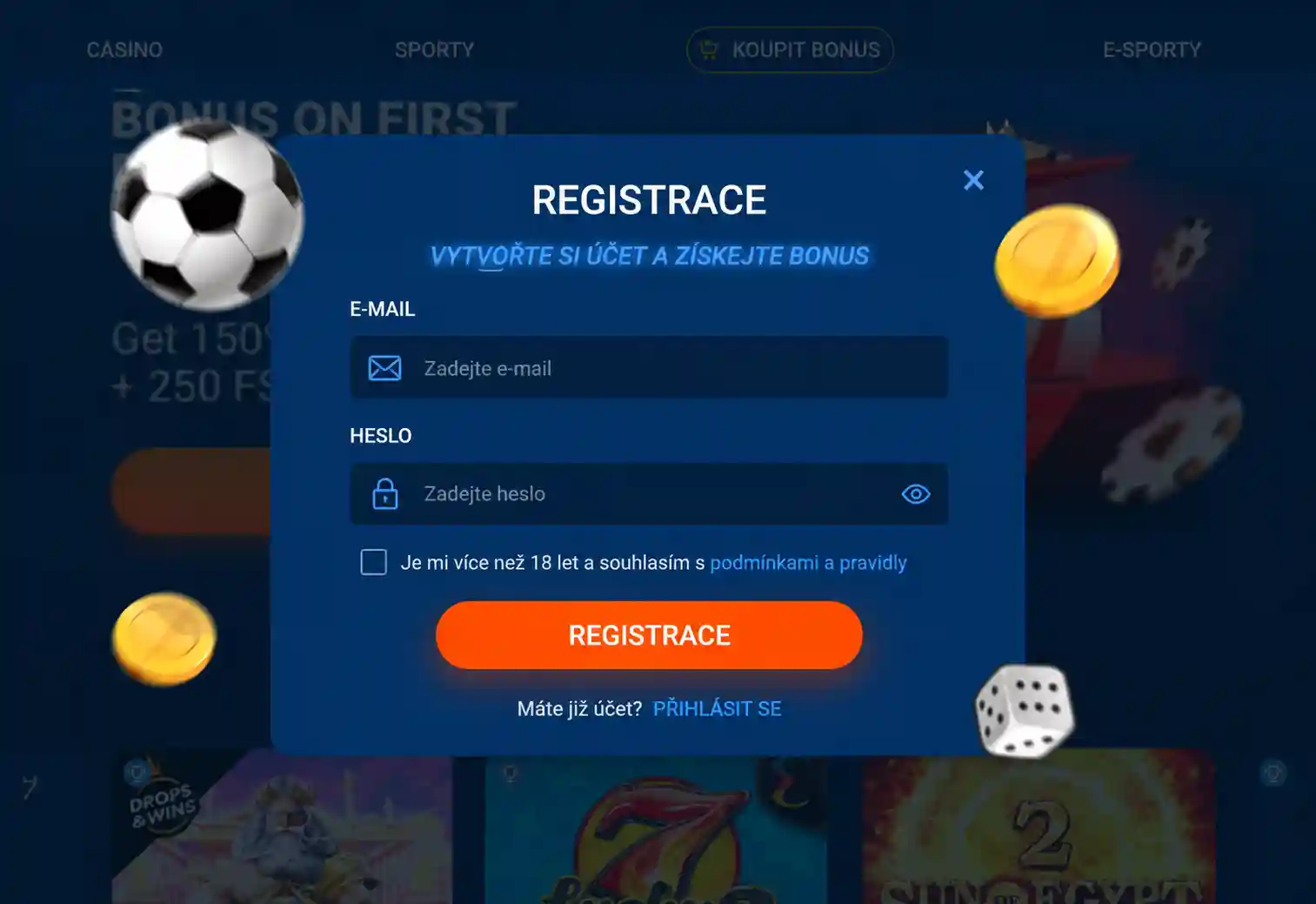 Registrační formulář Mostbet s poli pro e-mail a heslo