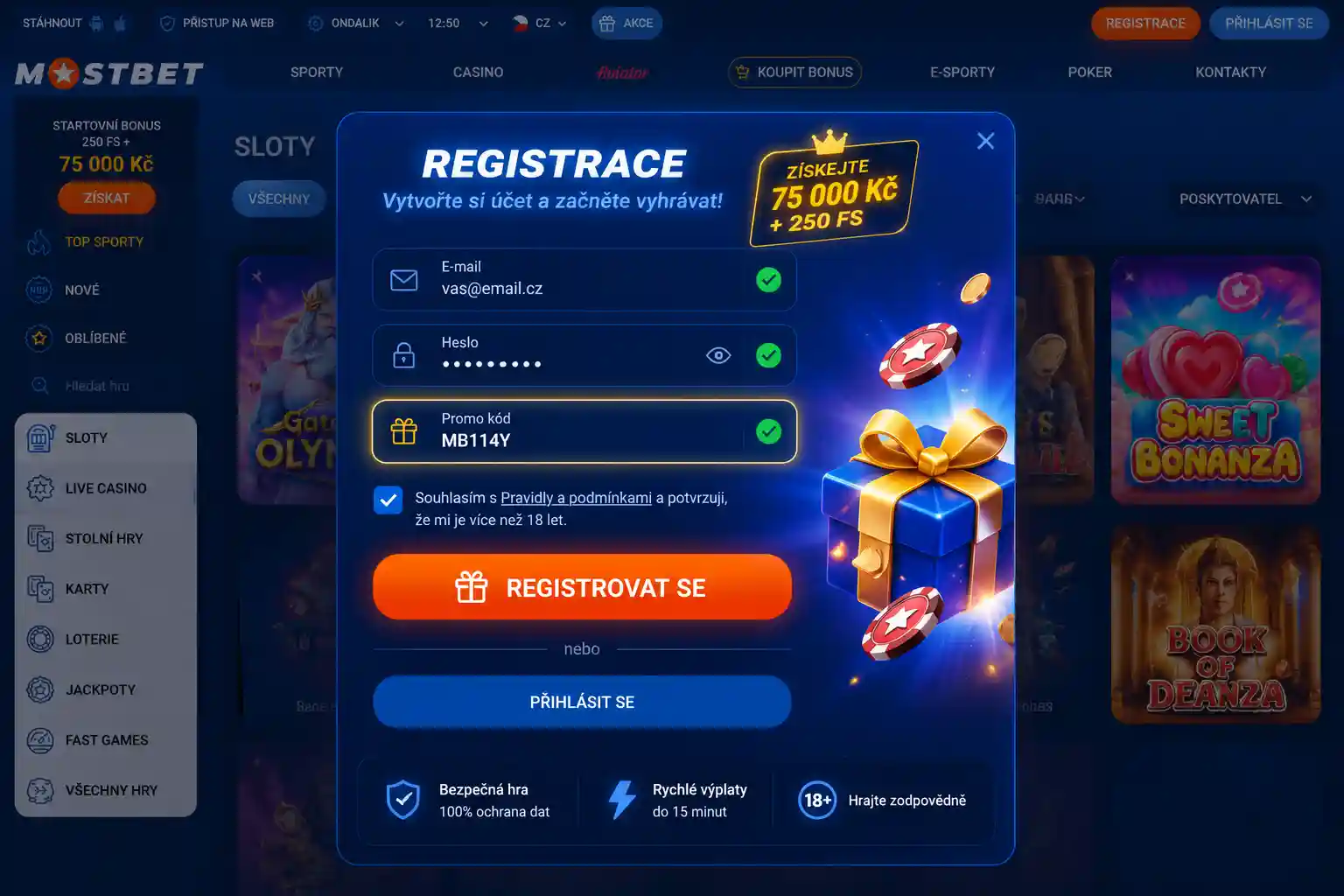 Registrační formulář Mostbet s vyznačeným polem pro promo kód
